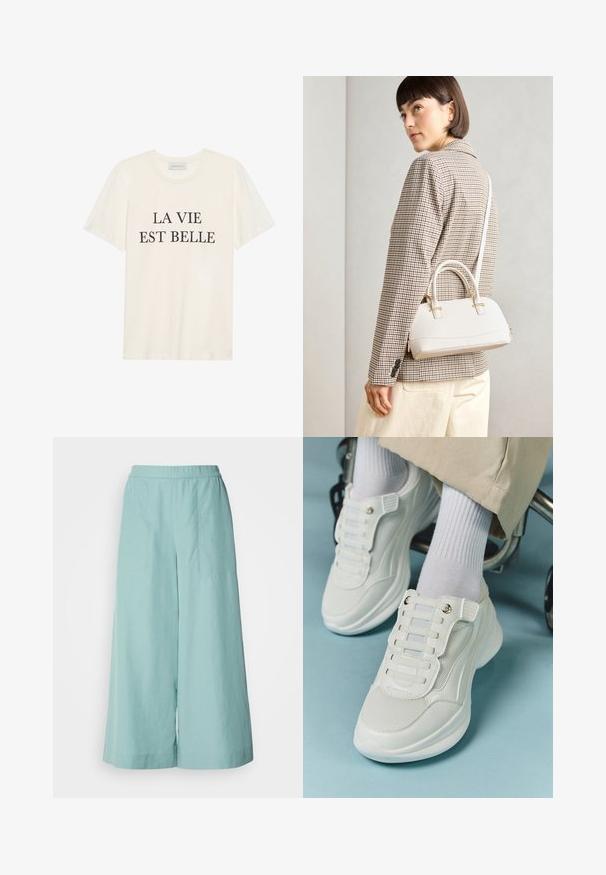 Kreminės spalvos medvilnės T-shirt su trumpomis rankovėmis ir apvaliu iškirpimu. Priekyje išskirtas centrinis juodas tekstas "LA VIE EST BELLE".; Akvicinės plačios kojų kelnės, pagamintos iš lengvos medžiagos, su elastinga juosmens juosta ir švariai minimaliais siuvinėjimo akcentais.; Baltos sportbačiai su tinklelio medžiaga, guminiais padais, be raištelių dizainu su elastinėmis juostelėmis ir auksinėmis detalėmis.; Balta struktūruota rankinė su trumpomis rankenomis ir peties diržu, su auksinėmis detalėmis ir tekstūruota medžiaga, pastatyta prieš pilką foną.