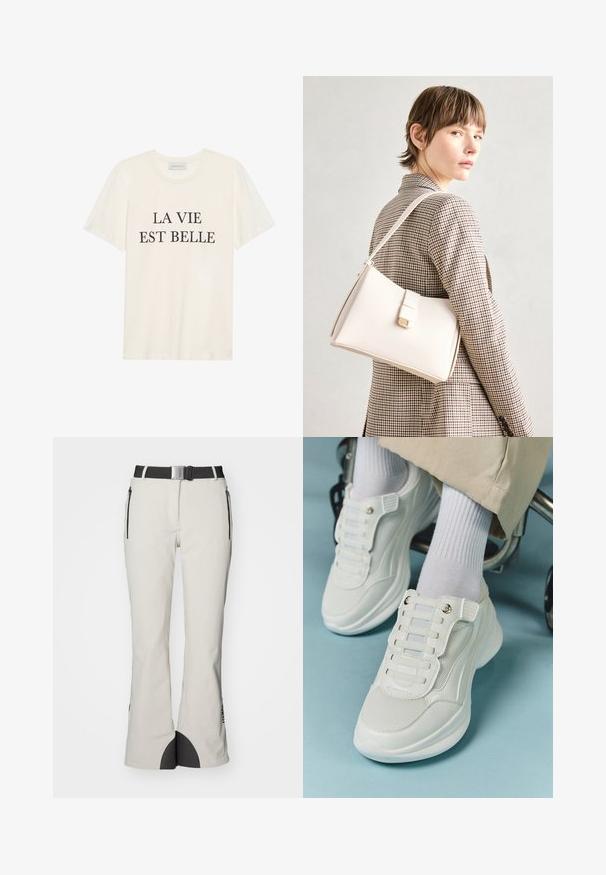 Kreminės spalvos medvilnės T-shirt su trumpomis rankovėmis ir apvaliu iškirpimu. Priekyje išskirtas centrinis juodas tekstas "LA VIE EST BELLE".; Šviesiai pilki sniego kelnės, pagamintos iš tekstūruoto audinio, su juodu juosmeniu, šoninėmis užtrauktukų kišenėmis ir juodais akcentais apačioje.; Baltos sportbačiai su tinklelio medžiaga, guminiais padais, be raištelių dizainu su elastinėmis juostelėmis ir auksinėmis detalėmis.; Balto odos rankinė su struktūrizuotu dizainu, turinti magnetinį užsegimą ir petnešą, demonstruojama prieš neutralią foną.