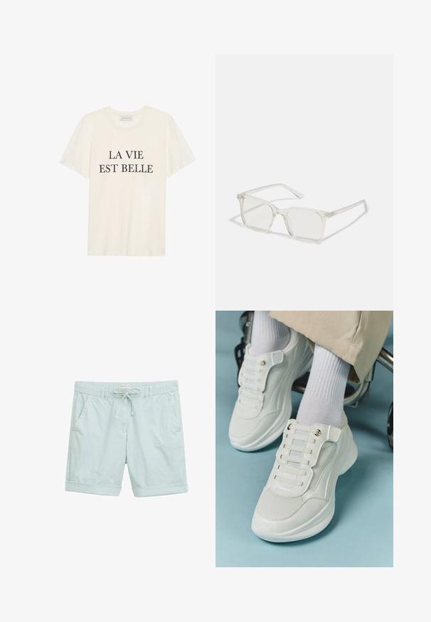 Cremfarbendes Baumwoll-T-Shirt mit kurzen Ärmeln und rundem Ausschnitt. Mit schwarzem Text "LA VIE EST BELLE", der in der Mitte der Vorderseite platziert ist.; Hellblaue gestreifte Shorts aus leichtem Stoff, mit einem Gummizugbund, umgeschlagenen Säumen und seitlichen Taschen.; Weiße Sneaker aus Mesh-Material, mit Gummisohle, schnürfreiem Design mit elastischen Bändern und goldfarbenen Akzenten.; Klare, quadratische Kunststoffbrillen mit durchsichtigen Gläsern, die goldene Akzente an den Bügeln für zusätzliche Details aufweisen.