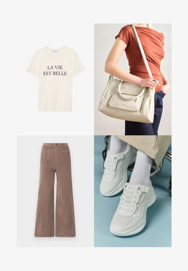 T-shirt en coton couleur crème à manches courtes et col rond. Présente le texte noir "LA VIE EST BELLE" centré sur le devant.; Pantalons large en velours côtelé marron avec taille haute, dotés d'une fermeture à bouton, de deux poches arrière et d'une texture rayée verticale.; Baskets blanches avec un matériau en maille, semelle en caoutchouc, design sans lacets avec des bandes élastiques et accents dorés.; Sac à main en cuir blanc avec des poignées doubles et une bandoulière amovible, doté d'une poche zippée à l'avant et d'une texture lisse. Porté au bras d'une personne.