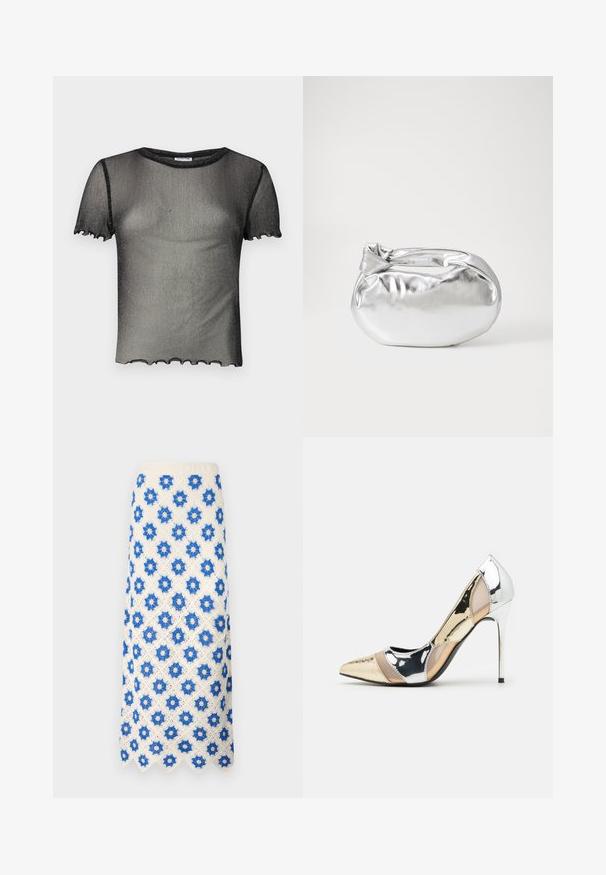 Czarna przezroczysta bluzka z delikatnego, błyszczącego materiału. Posiada krótkie rękawy i falbaniasty dół. Lekka i dopasowana konstrukcja.; Długa spódnica z koronki w kolorze białym z niebieskimi wzorami kwiatowymi. Falbaniasty dołek i teksturowany wzór dodają szczegółów do tkaniny.; Czółenka na wysokim obcasie z wąskim noskiem w kolorze srebrnym, złotym i nude. Lśniące wykończenie z wycięciami, z obcasem w stylu stiletto.; Srebrna metaliczna torba worek o miękkim, zaokrąglonym kształcie i zawiązywanym z góry zapięciem. Wykonana z gładkiego materiału imitującego skórę.; Srebrne kolczyki w formie obręczy o minimalistycznym designie. Okrągły kształt, gładka faktura i cienki profil. Lekkie, z polerowanym wykończeniem.