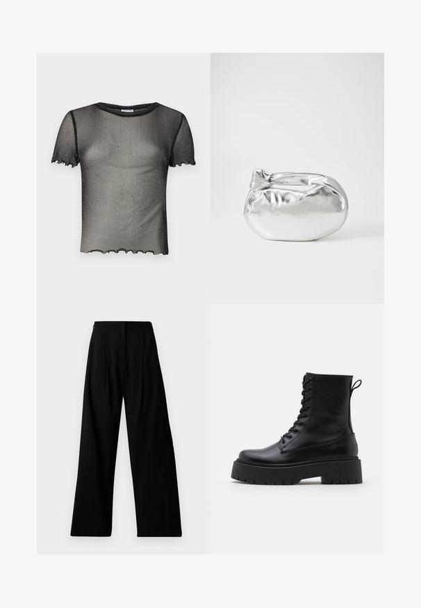 Mustat läpikuultava paita, joka on valmistettu hienosta, kimaltavasta materiaalista. Siinä on lyhyet hihat ja aaltoileva helma. Keveä ja tiukka malli.; Musta leveälahkeinen housut korkea vyötärö, jossa on laskokset, piilotettu etu- suljenta ja vähäinen brändäys vasemmassa jalassa.; Musta nahkainen nilkkureita, joissa on pyöreä kärki, nauhakiinnitys edessä ja paksu kumipohja, jossa on teksturoitu pinta. Takana vetotappi.; Hopeapintainen metallinen pussilaukku, jolla on pehmeä, pyöreä muoto ja solmittava yläosa. Valmistettu sileästä tekonahkamateriaalista.; Hopehope hopeilla, joissa on minimalistinen muotoilu. Pyöreä muoto, sileä pinta ja ohut profiili. Kevyet ja kiillotetut.