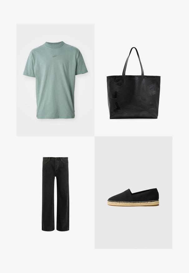 T-shirt de algodão verde com mangas curtas, decote redondo canelado e logótipo da Nike bordado no peito. Textura suave e ajuste descontraído.; Calças largas em denim preto com cintura alta, apresentando um design clássico de cinco bolsos e um desbotamento subtil para uma aparência texturizada.; Espadrilha de lona preta com bico redondo, apresentando uma sola de juta trançada e detalhes de costura ao longo da borda da sola.; Bolsa tote preta em couro com letras em relevo na superfície, apresentando duas alças robustas e um design espaçoso e não estruturado.