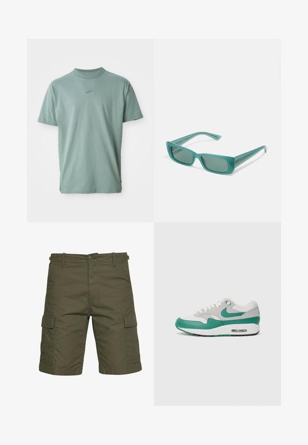 Zöld pamut póló rövid ujjakkal, bordás kerek nyakkivágással és hímzett Nike logóval a mellkasán. Simá szövet és laza fazon.; Olívazöld cargo rövidnadrág, könnyű anyagból készült, két oldalzsebbel, hajtókával, övbújtatókkal és gombos záródással.; Nike Air Max 1 különleges sportcipő, szürke hálós felsőrésszel, zöld bőr részletekkel, fehér fűzőkkel és látható légpárnával a talpban.; Türkiz napszemüveg, téglalap alakú kerettel, átlátszó műanyagból készült, sötét lencsékkel és kis logóval az oldalon.
