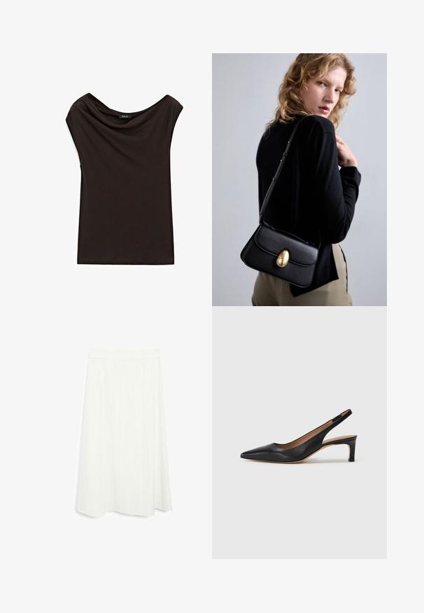 Black, lightweight top with a draped neckline and cap sleeves. Smooth texture with a simple, unembellished design.; White, knee-length skirt with a flared shape. Features vertical pinstripes and a smooth texture. Simple waistband for secure fit.; Black leather slingback pump with a pointed toe, low heel, and a smooth texture. Features a thin adjustable strap for a secure fit.; Black leather handbag with a curved shape, featuring a prominent gold oval clasp, adjustable strap, and minimalistic design.