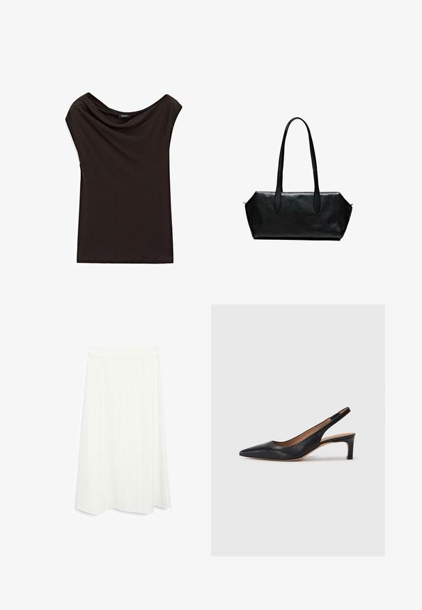 Sort, letvægts top med draperet halsudskæring og ærmeløse kapper. Glat tekstur med et simpelt, udekoreret design.; Hvid, knælang nederdel med en flared form. Har lodrette stikstriber og en glat overflade. Enkel taljeelastik for en sikker pasform.; Sort læder slingback pumpe med spids tå, lav hæl og en glat overflade. Har en tynd justerbar rem for en sikker pasform.; Sort læderhåndtaske med lange håndtag, rektangulær form, glat tekstur og skrå sider, der har et minimalistisk design uden synligt hardware.