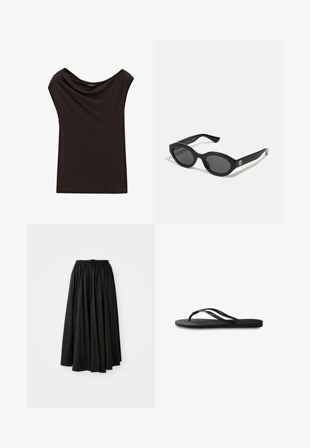 Černý, lehký top s volně splývajícím výstřihem a krátkými rukávy. Hladká textura s jednoduchým, nezdobeným designem.; Černá, sukně po kotníky vyrobená z lehkého materiálu. Má zpevněný pas se stahovací šňůrkou pro nastavitelnou velikost a rozšířený siluetu.; Černé žabky s texturovanou gumovou podrážkou, dvěma štíhlými popruhy a jemným, embosovaným logem na popruhu.; Černé oválné sluneční brýle s tmavými skly a lesklým plastovým rámem. Obsahují zlaté logo na straně, které poskytuje elegantní a moderní design.; Černá kožená kabelka se strukturovaným obdélníkovým tvarem. Obsahuje zlatou oválnou sponu a tenký ramenní popruh. Hladký povrch.