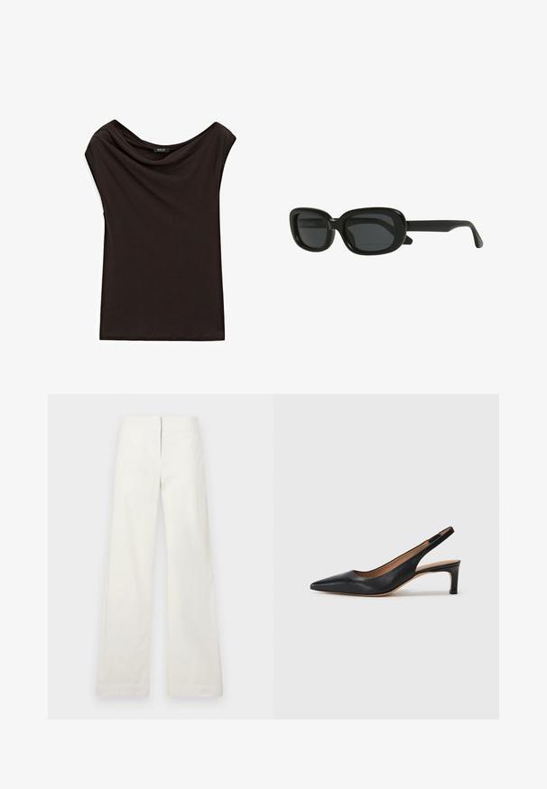 Sort, letvægts top med draperet halsudskæring og ærmeløse kapper. Glat tekstur med et simpelt, udekoreret design.; Hvide vidde bukser lavet af bomuld, med et lige snit, glat tekstur og en simpel talje uden synlige lukninger.; Sort læder slingback pumpe med spids tå, lav hæl og en glat overflade. Har en tynd justerbar rem for en sikker pasform.; Sorte rektangulære solbriller med en tyk ramme, mørkt tonede linser og et slankt design. Bøjlerne har en glat finish.
