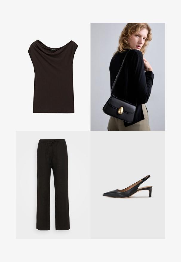 Schwarzes, leichtes Top mit einem drapierten Ausschnitt und kurzen Ärmeln. Glatte Textur mit einem einfachen, schlichten Design.; Schwarze Leinenhosen mit einer lockeren Passform, ausgestattet mit einem elastischen Bund und verstellbarem Kordelzug. Geschmeidige Textur und weit geschnittenes Bein.; Schwarze Leder-Slingback-Pumps mit spitzer Zehenform, niedrigem Absatz und glatter Textur. Verfügt über einen dünnen, verstellbaren Riemen für einen sicheren Sitz.; Schwarze Lederhandtasche mit geschwungener Form, ausgestattet mit einem auffälligen goldenen ovalen Verschluss, einem verstellbaren Trageriemen und minimalistischem Design.
