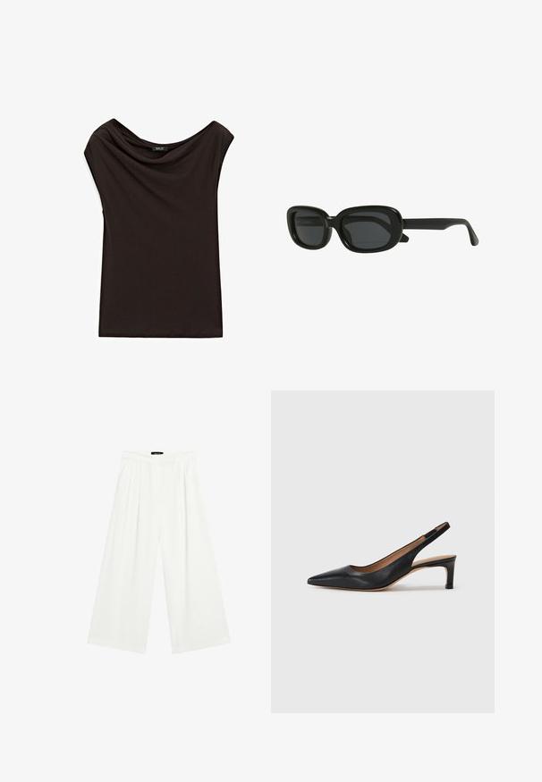 Black, lightweight top with a draped neckline and cap sleeves. Smooth texture with a simple, unembellished design.; Wide-leg trousers in white fabric, featuring front pleats, a flat waistband, and a relaxed fit. Smooth texture and no visible patterns.; Black leather slingback pump with a pointed toe, low heel, and a smooth texture. Features a thin adjustable strap for a secure fit.; Black rectangular sunglasses with a thick frame, dark tinted lenses, and a sleek design. The arms have a smooth finish.