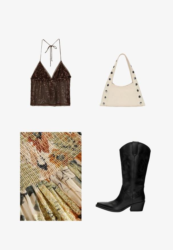 Top corto marrone con paillettes, taglio triangolare, spalline regolabili e tessuto trasparente, caratterizzato da un design a strati e una texture a coste.; Next REGULAR FIT - DROP WAIST - Gonna lunga - cream sparkle; Stivale da cowboy in pelle nera con punta affusolata, tacco medio, cuciture decorative e linguetta per facilitarne l'indossamento. Tessuto morbido e gambale alto.; PULL&BEAR SHOULDER  - Shopping bag - beige