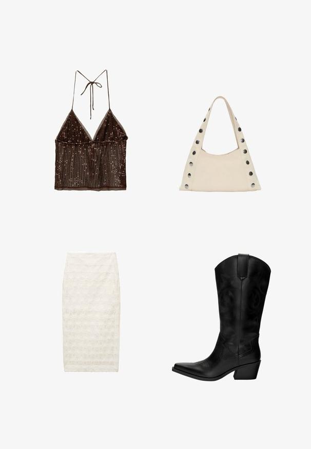Haut court en sequins marron avec une coupe triangulaire, des bretelles ajustables et un tissu transparent, présentant un design superposé et une texture côtelée.; Jupe crayon blanche dotée d'un motif fleuri texturé, de longueur mi-mollet et d'une coupe ajustée. Fabriquée dans un tissu léger avec un léger éclat.; Botte de cowboy en cuir noir avec un bout pointu, un talon moyen, des coutures décoratives et une languette pour faciliter l'enfilage. Texture lisse et tige haute.; PULL&BEAR SHOULDER - Cabas - beige