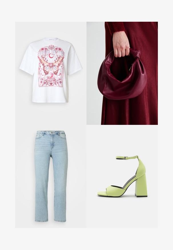 Valkoinen oversize t-paita, jossa on vaaleanpunainen perhosgrafiikka, kukkaakoristeita ja teksti "Aurora Mystic Celestial Revelations."; Vaaleansiniset suorat farkut, joissa on etuvetoketju ja nappikiinnitys, vyölenkit sekä klassinen viisi taskua -malli.; Even&Odd Korolliset sandaalit - light green; Burgundy-nahkakäsilaukku, jossa on pehmeä, ryppyinen muotoilu ja pyöreä muoto. Kahva on kiinnitetty tukevasti, ja siinä on sileä pinta.; Sarja sidabrinių auskarų, turinčių įvairius dizainus: auskarai-studai, žiedai ir pakabukai su žvilgančiais papuošimais geometrinėmis ir teminėmis formomis.