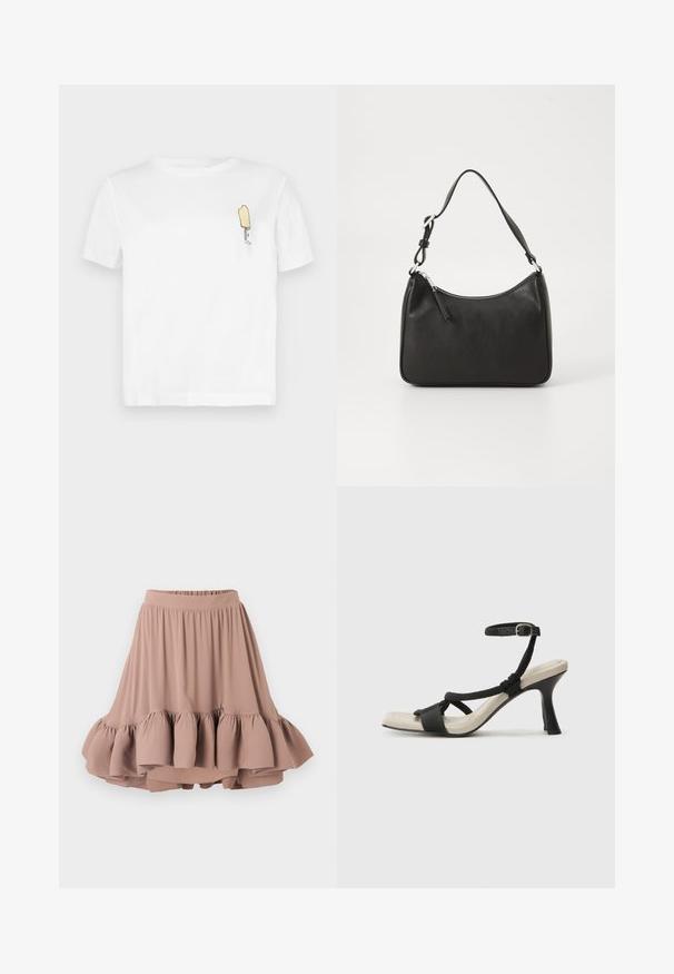T-shirt bianco in cotone a maniche corte con un grafico minimalista di un gelato giallo ricamato nella zona sinistra del petto.; Gonna color marrone chiaro al ginocchio, realizzata in un tessuto morbido, con una vita larga e un orlo a strati con balze svasate. Tessuto liscio in tutto.; Sandal con tacco nero e design con cinturino intrecciato, punta quadrata e cinturino alla caviglia regolabile. Soletta beige chiaro con tacco nero lucido.; Borsa a tracolla in pelle nera con forma curva, una tracolla singola, chiusura con zip e marchio discreto sul fronte. Texture liscia, design minimalista.