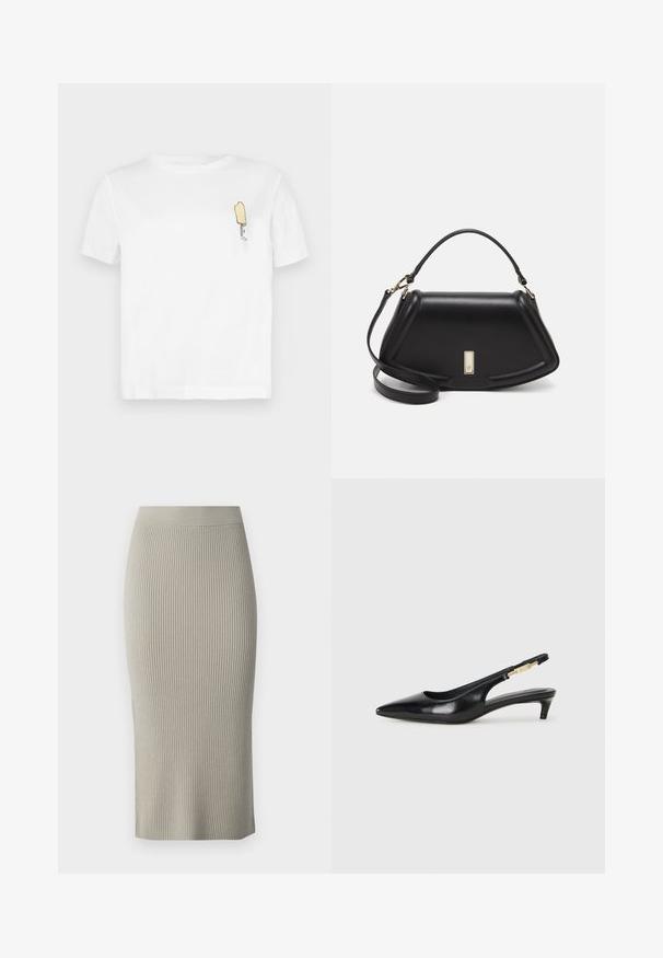 T-shirt blanc en coton à manches courtes, présentant un graphique minimaliste de popsicle jaune brodé sur la partie gauche de la poitrine.; Jupe midi en tricot gris clair avec texture côtelée, design ajusté et fente latérale, dotée d'une ceinture lisse pour un confort optimal.; Talons hauts en cuir noir avec un bout pointu, dotés d'un talon fin et d'un accent en ton or sur la lanière réglable. Texture lisse.; Sac à main en cuir noir avec un design structuré, featuring une forme cropped, une poignée supérieure et des accents en matériel doré. Bandoulière réglable incluse.