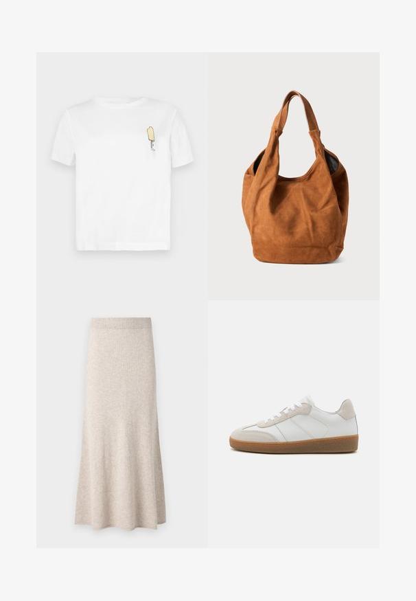 White cotton t-shirt with short sleeves featuring a minimalist, embroidered yellow popsicle graphic on the left chest area.; Light beige knit skirt with a ribbed waistband, flared A-line shape, and soft texture, featuring subtle variations in the fabric.; White leather sneakers with beige suede accents, textured tongue, and rubber sole. Features white laces and subtle stitched details.; Brown suede shoulder bag with a soft texture, curved shape, and two handles. Features a minimal design with no visible hardware or accents.