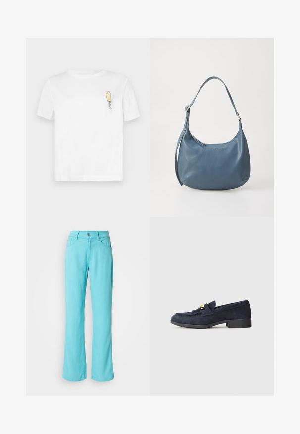 T-shirt de algodão branca com mangas curtas, apresentando um gráfico minimalista de um picolé amarelo bordado na área do peito esquerdo.; Jeans de alças largas em azul claro, feitos de denim. Apresenta um fecho de botão e zipper, cinco bolsos e detalhes costurados na barra.; Sapatos mocassins de camurça azul-marinho com um salto preto baixo, apresentando um detalhe decorativo em metal dourado na parte da frente e um design de bico arredondado.; Bolsa de couro azul com formato arredondado, alça única para o ombro, fecho em zíper e nome da marca em relevo na parte da frente. Textura suave.