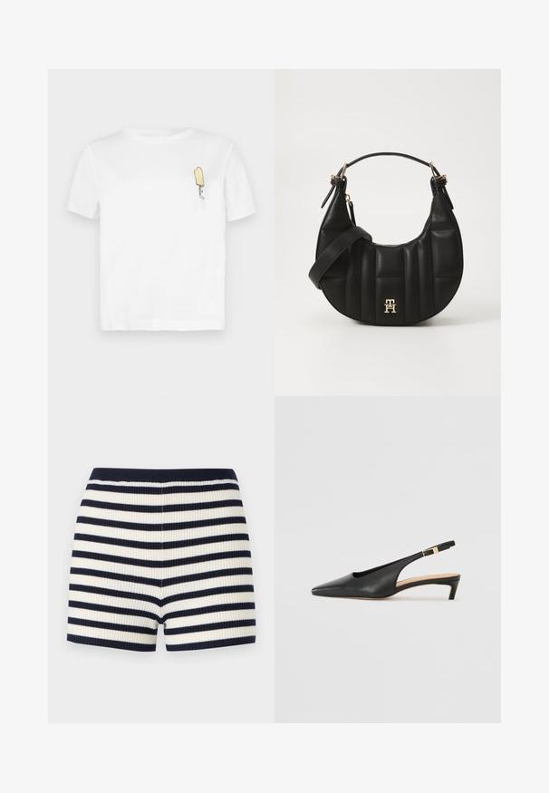 Balta kokvilnas T-krekls ar īsām piedurknēm, kuram ir minimālistisks, izšūts dzeltenā saldējuma uzraksts kreisajā krūtīs.; Saspringtās šortus ar tumši zilu un baltu svītru modeli, kas izceļas ar pieguļošu formu un maigu tekstūru. Josta ir tumši zila, kas papildina rakstu.; Melnas ādas siksniņu kurpes ar norādītu purngalu, zemu papēdi un regulējamu potītes siksniņu ar zelta tonēta sprādzi. Gluda tekstūra.; Melnas ādas rokassoma ar izliekumu formu, kā arī izšūtu tekstūru un zelta aksesuāriem. Iespējas iekļauj noņemamu plecu siksnu un logo detalizāciju.