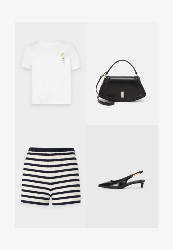 Weißes Baumwoll-T-Shirt mit kurzen Ärmeln, das auf der linken Brustseite ein minimalistisches, gesticktes gelbes Eis am Stiel-Design zeigt.; Gestreifte Shorts in Marineblau und Weiß, mit einer enganliegenden Passform und einer weichen Textur. Der Bund ist in Marineblau gehalten und ergänzt das Muster.; Schwarze Leder-Slingback-Pumps mit spitzem Schuhblatt, ausgestattet mit einem schlanken Absatz und einem goldfarbigen Akzent am verstellbaren Riemen. Glatte Textur.; Schwarze Lederhandtasche mit einem strukturierten Design, das eine verkürzte Form, einen oberen Griff und goldfarbene Hardware-Details aufweist. Verstellbarer Schulterriemen ist enthalten.
