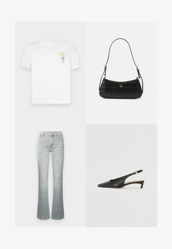 Balta medvilninė marškinėliai trumpomis rankovėmis su minimalistiniu, siuvinėjamu geltonu ledų piešinėliu kairėje krūtinės pusėje.; Šviesiai mėlyni platėjančių kojų džinsai su aukštu liemeniu, pagaminti iš džinso audinio. Turi sagos užsegimą, penkias kišenes ir subtilų išblukimą, suteikiantį tekstūrą.; Juodas odinis slingback aukštakulnis batelis su smailiu nosiu, žemu kulnu ir reguliuojama kulkšnies juosta, papuošta auksinės spalvos užsegimu. Lygi tekstūra.; Juodas odinis rankinis krepšys su krokodilo tekstūra, siauras siluetas ir auksinės detalės. Yra viena petneša ir įspaustos logotipo detalės.