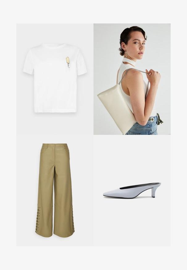 T-shirt blanc en coton à manches courtes, présentant un graphique minimaliste de popsicle jaune brodé sur la partie gauche de la poitrine.; Pantalons à jambe large en simili cuir vert olive, avec un détail de lacets le long des coutures latérales et poches avant. Texture lisse et coupe ajustée.; Mule en cuir verni bleu clair avec un orteil pointu, un petit talon transparent et un design épuré mettant en valeur une découpe au cou-de-pied.; Pochette rectangulaire blanche en matériau brillant, avec une bandoulière en chaîne argentée. Le modèle pose en mettant en valeur le sac contre un fond uni.