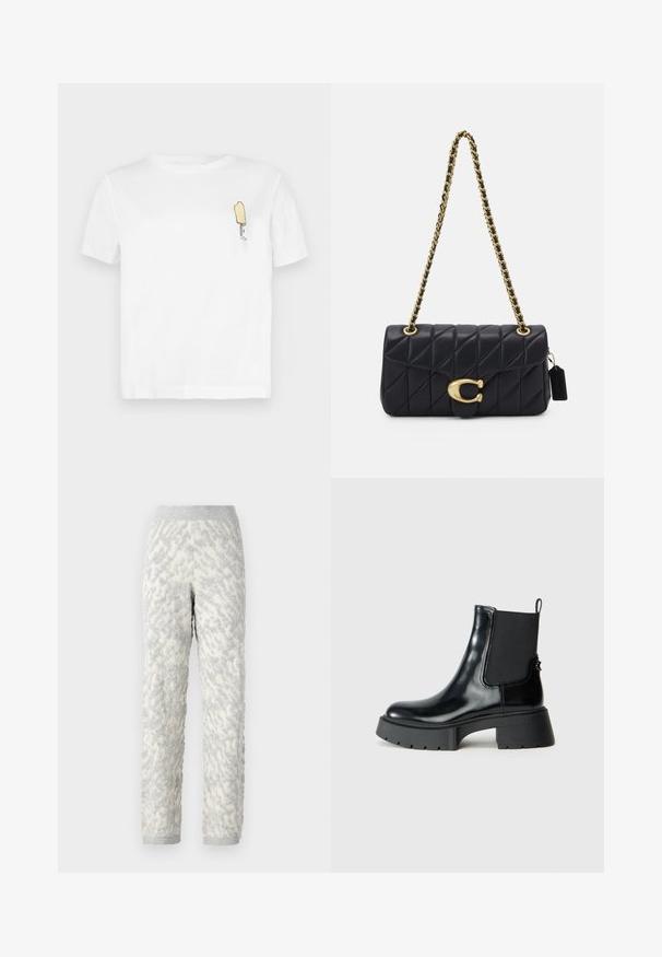 Bela bombažna majica s kratkimi rokavi, ki ima minimalistični, vezeni grafični motiv rumene sladoledne palice na levi prsni strani.; Teksturni lounge hlače v slonokoščenih tonih z sivimi vzorci, ki so izdelane iz mehkega materiala, z elastičnim pasom in rebrastimi zapeninjalnimi hlačnicami.; Črne gležnjarje iz sijoče usnjene tkanine z elastičnimi stranskimi paneli, zanka za nošenje in debelim gumijastim podplatom, ki ima teksturiran profil.; Črna prešita torbica z zlatim verižnim ročajem, ki vsebuje značilen zlat ključ, majhno oznako in prikazuje teksturirano usnjeno površino.