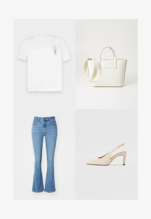 Camiseta de algodón blanca con mangas cortas que presenta un gráfico minimalista de un helado amarillo bordado en el lado izquierdo del pecho.; Jeans de mezclilla de campana en color azul claro, con cintura alta, diseño de cinco bolsillos y dobladillo deshilachado en la parte inferior. Textura desgastada presente.; Tacones de piel beige tipo slingback con punta afilada, diseño de lado abierto y un tacón alto y delgado. Presentan un acento dorado en la correa.; Bolso de mano de cuero sintético blanco con asas cortas, correa de hombro ajustable y herrajes en tono dorado; presenta un sutil logo en la parte frontal.