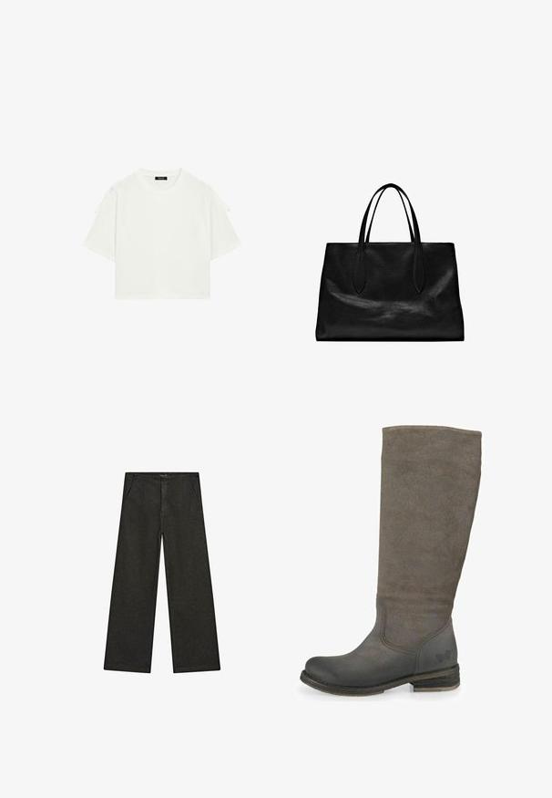 Bílý zkrácený tričko vyrobené z bavlny, s kulatým výstřihem, krátkými rukávy s nastavitelnými tkanicemi na ramenech a uvolněným střihem.; Široké černé džíny s středním pasem, dvěma předními kapsami a čistým, minimalistickým designem bez viditelných ozdob.; Šedé semišové holinky do výšky kolen s kulatou špičkou, zesíleným kotníkem a nízkým stohovaným podpatkem. Obsahují kontrastní hladké kožené akcenty.; Černá kožená taška na rameno s dvěma dlouhými uchy, strukturovaným tvarem, hladkou texturou a minimalistickým designem. Žádné viditelné kovové prvky ani ozdoby.