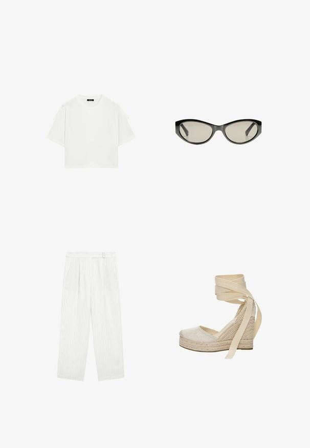 Witte cropped t-shirt van katoen, met een ronde halslijn, korte mouwen met verstelbare strikjes op de schouders en een relaxte pasvorm.; Witte wijde broek met verticale streepjes, met een platte voorkant, twee zijzakken en een ontspannen pasvorm. Zachte stof, minimale details.; Beige espadrille-wedge met een gestructureerde stof bovenkant, juten platform en lange stof enkelbanden. Kenmerken zijn een ronde neus en geweven hiel detail.; Zwarte cat-eye zonnebril met grijs getinte glazen. Plastic montuur met scherpe hoeken en een gladde, glanzende afwerking.