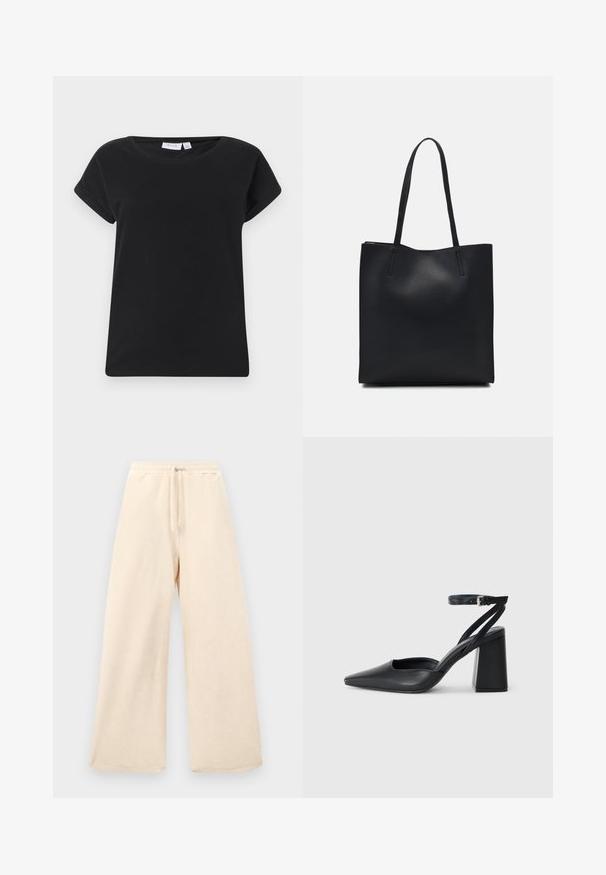 Sort bomulds T-shirt med rund hals, korte oprullede ærmer og afslappet pasform. Har en glat tekstur og minimalistisk design.; Bredde benbukser i lysbeige, lavet af et struktureret stof. Har en elastisk talje med snoretræk. Enkel, udekoreret design.; Sort læder spidse pumps med ankelrem og en chunky hæl. Flad tekstur, slankt design og minimalistisk æstetik.; Sort læder tote taske med glat tekstur, rektangulær form og to lange hanke. Ingen synlig hardware eller udsmykninger.