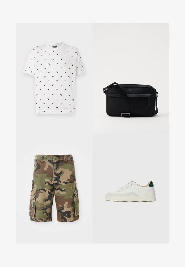 Bela majica s kratkimi rokavi, ki ima ponovljen črn V-oblika vzorec, izdelana iz mehke bombažne tkanine, sproščenega kroja in okrogle ovratnice.; Kratke hlače v kamuflažnem vzorcu s dvema stranskima žepoma in zankami za pas, zapiranje na gumb spredaj in z dodelano nitjo.; Bela trenerka z zaključki iz semiša, okroglo konico, ravne vezalke in kremna gumijasta podplata. Ima zeleno blagovno znamko na peti.; Črna najlonska torba za ramena z kontrastnim trakom, elegantne pravokotne oblike, podrobnostjo z logotipom in žepom na zadrgo spredaj.