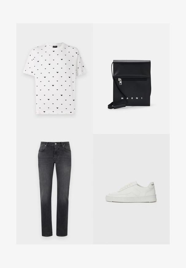 Bílá krátká rukávová tričko s opakujícím se černým V-šikmým vzorem, vyrobená z měkké bavlny, s volným střihem a kulatým výstřihem.; Šedé džíny z denimu s klasickým rovným střihem, vybavené předními kapsami, zipovým zapínáním a malou značkovou nášivkou nad pravou kapsou.; Bílé kožené tenisky s hladkým povrchem, kulatou špičkou, plochými tkaničkami a texturovanou podrážkou. Na patě se nachází nenápadné logo.; Černá kožená kabelka přes rameno s přední zipovou kapsou, embosovaným logem a nastavitelným popruhem. Hladký povrch s pevnou strukturou.