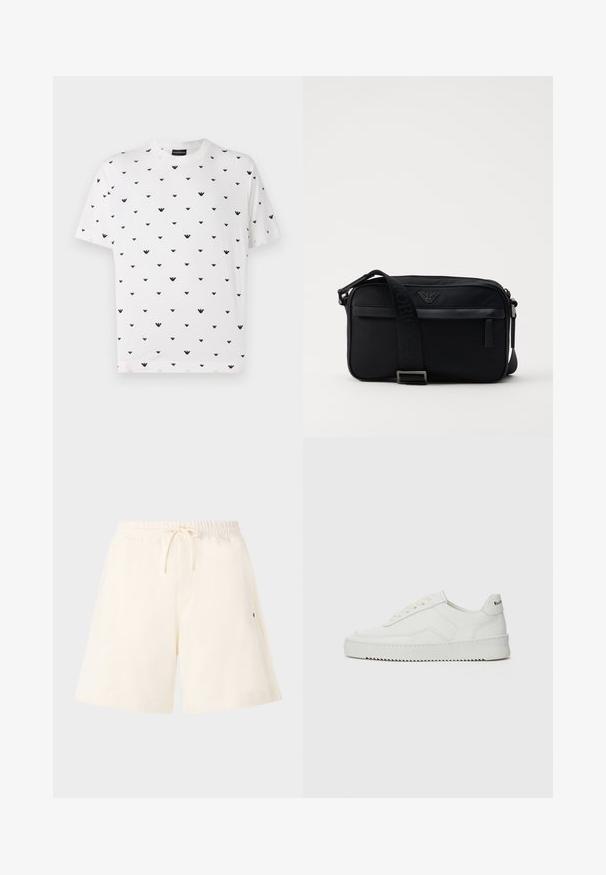 White short-sleeve t-shirt featuring a repeated black V-shaped pattern, made of soft cotton with a relaxed fit and round neckline.; Cream-colored shorts made of soft fabric, featuring an elastic waistband with a drawstring, side pockets, and a relaxed fit.; White leather sneaker with a smooth finish, round toe, flat laces, and a textured sole. Features a subtle logo on the heel.; Black nylon shoulder bag featuring a contrasting strap, sleek rectangular shape, logo detail, and a zipper pocket on the front.