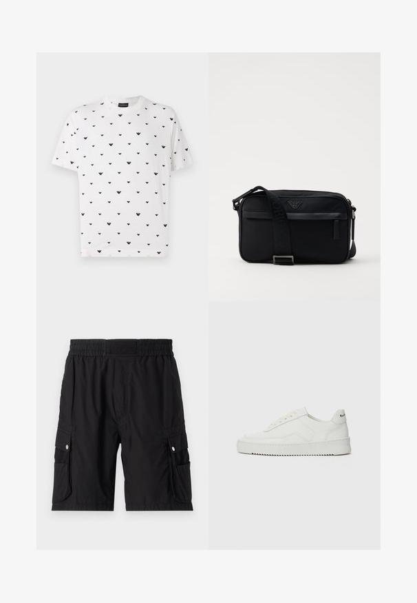 Valkoinen lyhythihainen t-paita, jossa on toistuva musta V-muotoinen kuvio. Valmistettu pehmeästä puuvillasta, jossa on rento istuvuus ja pyöreä pääntie.; Mustat cargo-shorts, jotka on valmistettu kevyestä kankaasta, joissa on joustava vyötärö, sivutaskut ja hopeiset nappiaksentit.; Valkoinen nahkakenkä, jossa on sileä pinta, pyöreä kärki, tasaiset nauhat ja teksturoitu pohja. Sisältää huomaamattoman logon kantapäässä.; Musta nailoninen olkalaukku, jossa on kontrastivärinen hihna, tyylikkään suorakulmainen muoto, logotieto ja vetoketjullinen tasku edessä.