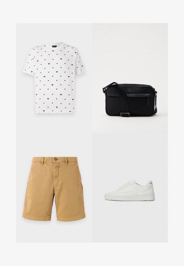 Hvit t-skjorte med korte ermer som har et gjentatt svart V-formet mønster, laget av myk bomull med løs passform og rund hals.; Beige bomullsshorts med knappeåpning, beltehemper og innsydd søm. Har to forkantlommer og en klassisk, rett ben-design.; Hvite lærersneakers med en jevn overflate, rund tå, flate lisser og en teksturert såle. Har en subtil logo på hælen.; Svart nylon skulderveske med en kontrasterende stropp, slank rektangulær form, logo-detalj og en glidelåslomme på forsiden.