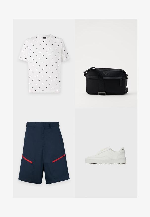 Witte korte mouwen t-shirt met een herhaald zwart V-vormig patroon, gemaakt van zachte katoen met een ontspannen snit en ronde halslijn.; Marine cargoshorts van stof met twee met rits afgesloten zakken met rode accenten, een platte voorkant en gestikte details.; Witte leren sneaker met een gladde afwerking, ronde neus, platte veters en een gestructureerde zool. Kenmerkt zich door een subtiel logo op de hiel.; Zwarte nylon schoudertas met een contrasterende schouderband, een slank rechthoekig ontwerp, een logo-detail en een ritszak aan de voorkant.