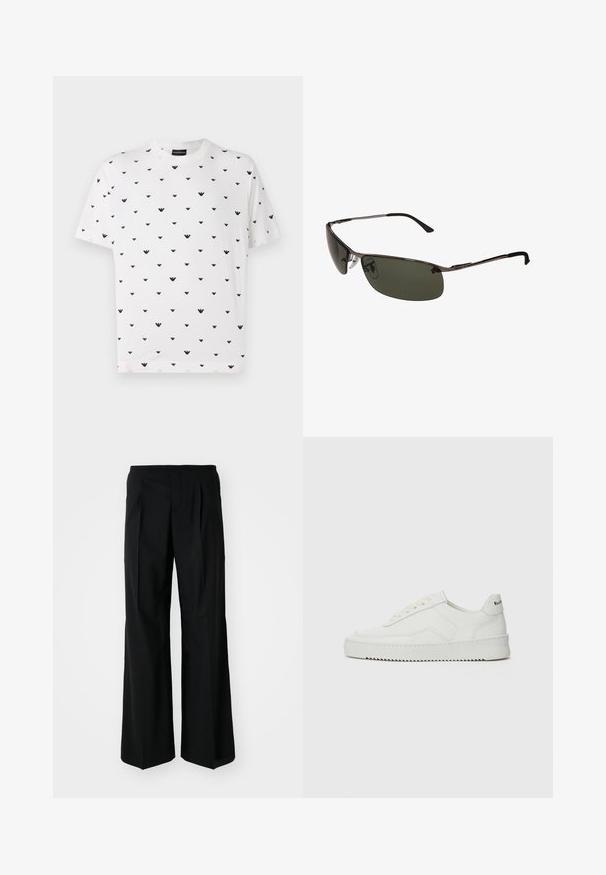 T-shirt de manga curta branca com um padrão em forma de V repetido em preto, feita de algodão macio, com um corte descontraído e decote redondo.; 032c OFFICE ATTIRE' WIDE LEG PANTS - Calças - black; Sapatilha de couro branco com acabamento suave, bico redondo, atacadores planos e uma sola texturizada. Apresenta um logotipo discreto no calcanhar.; Óculos de sol com lentes verde escuras, estrutura metálica elegante, design curvado e almofadas de nariz ajustáveis. Possui hastes finas e pretas.