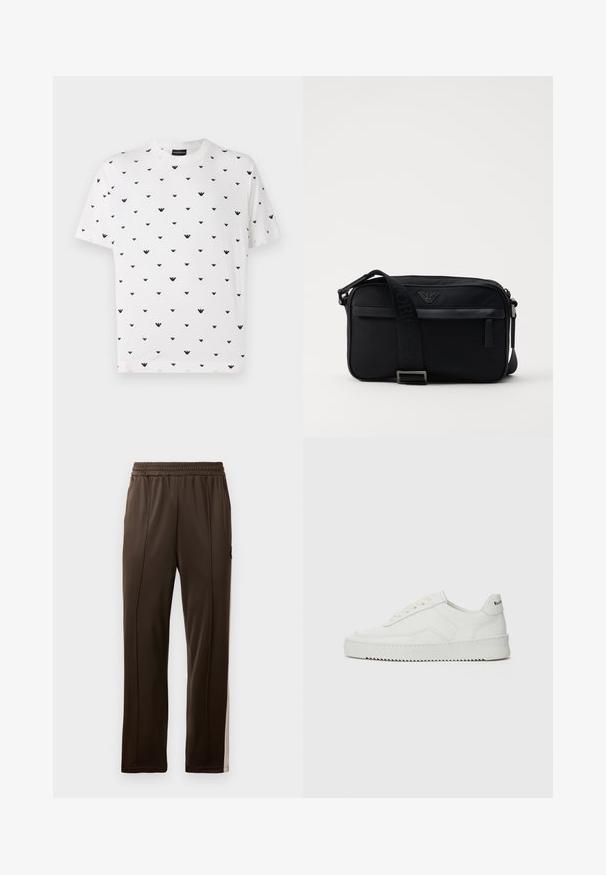 Biała koszulka z krótkim rękawem z powtarzanym czarnym wzorem w kształcie V, wykonana z miękkiej bawełny, o luźnym kroju i okrągłym dekolcie.; Brązowe spodnie sportowe z elastycznym pasem, bocznymi paskami w jaśniejszym odcieniu oraz kieszenią z małym akcentem logo. Gładka tekstura.; Białe skórzane sneakersy o gładkim wykończeniu, okrągłym nosku, płaskich sznurówkach i teksturowanej podeszwie. Charakteryzują się delikatnym logo na pięcie.; Czarna nylonowa torba na ramię z kontrastowym paskiem, eleganckim prostokątnym kształtem, detalem logo oraz kieszenią na suwak z przodu.