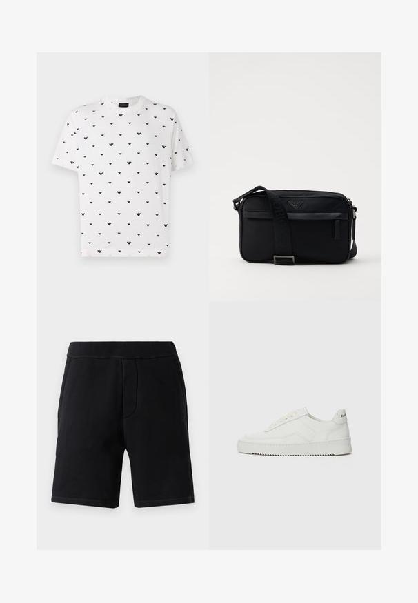 T-shirt blanc à manches courtes présentant un motif en V noir répété, fabriqué en coton doux avec une coupe décontractée et un col rond.; Shorts de sport noirs en matériau doux ; dotés d'une taille élastique, de deux poches latérales et de surpiqûres contrastantes.; Baskets en cuir blanc avec une finition lisse, bout arrondi, lacets plats et semelle texturée. Présente un logo discret sur le talon.; Sac à bandoulière en nylon noir avec une sangle contrastante, une forme rectangulaire élégante, un détail de logo et une poche zippée à l'avant.