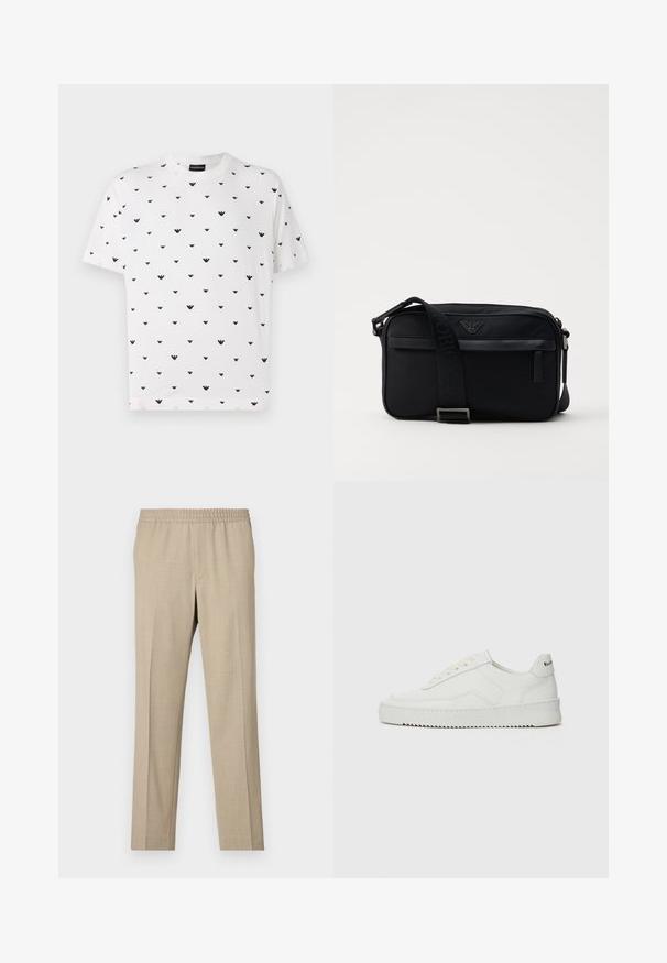White short-sleeve t-shirt featuring a repeated black V-shaped pattern, made of soft cotton with a relaxed fit and round neckline.; Filippa K THEO TROUSERS - Trousers - sage melange; White leather sneaker with a smooth finish, round toe, flat laces, and a textured sole. Features a subtle logo on the heel.; Black nylon shoulder bag featuring a contrasting strap, sleek rectangular shape, logo detail, and a zipper pocket on the front.