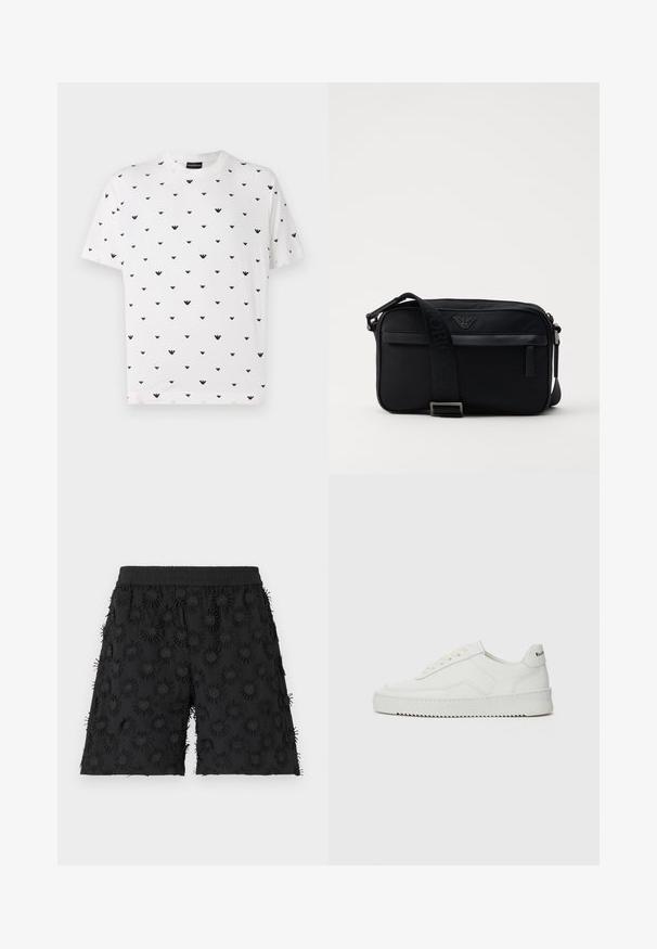 Camiseta de manga corta blanca con un patrón en forma de V negra repetido, hecha de algodón suave, con un corte relajado y escote redondo.; Pantalones cortos negros con una cinturilla elástica, adornados con patrones circulares texturizados y bordados, creando un efecto tridimensional.; Zapatilla de cuero blanca con un acabado suave, puntera redonda, cordones planos y suela texturizada. Cuenta con un sutil logo en el talón.; Bolso de hombro negro de nailon con una correa de contraste, forma rectangular elegante, detalle del logo y un bolsillo con cremallera en la parte frontal.