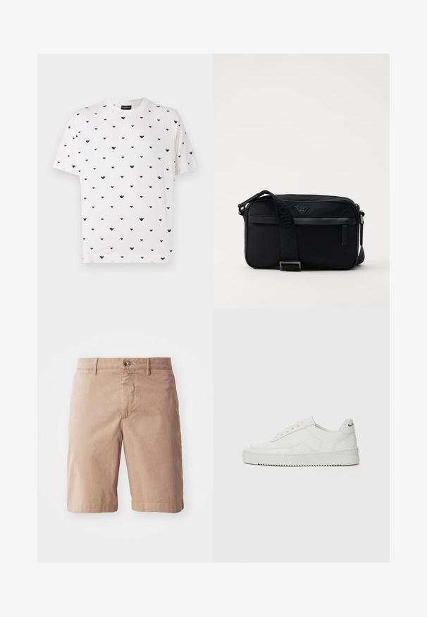 Hvid t-shirt med korte ærmer, der har et gentaget sort V-formet mønster. T-shirten er lavet af blød bomuld med en afslappet pasform og rund halsudskæring.; Beige bomulds-short med lige ben-design, der har en frontlukning med knap og bæltestropper. Glat tekstur med minimal syning.; Hvide lædersneakers med en glat overflade, rund tå, flade snørebånd og en tekstureret sål. Har et diskret logo på hælen.; Sorte nylon skuldertaske med en kontrasterende rem, slank rektangulær form, logo detaljer og en lynlåslomme på forsiden.
