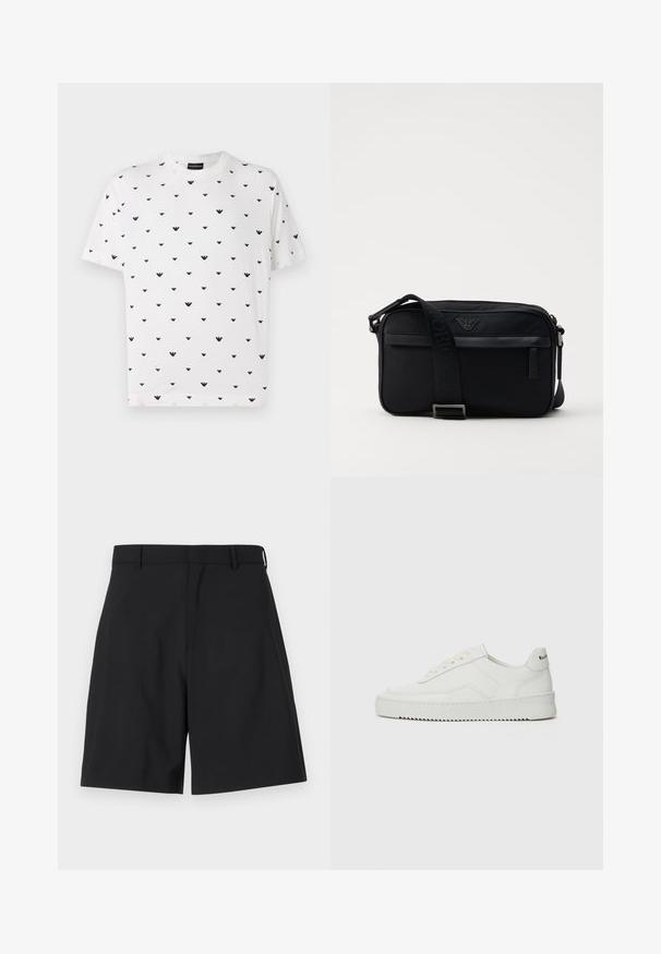 T-shirt blanc à manches courtes présentant un motif en V noir répété, fabriqué en coton doux avec une coupe décontractée et un col rond.; Shorts noirs en tissu lisse avec un design ajusté, présentant un devant plat et deux poches latérales, ainsi qu'une taille régulière.; Baskets en cuir blanc avec une finition lisse, bout arrondi, lacets plats et semelle texturée. Présente un logo discret sur le talon.; Sac à bandoulière en nylon noir avec une sangle contrastante, une forme rectangulaire élégante, un détail de logo et une poche zippée à l'avant.