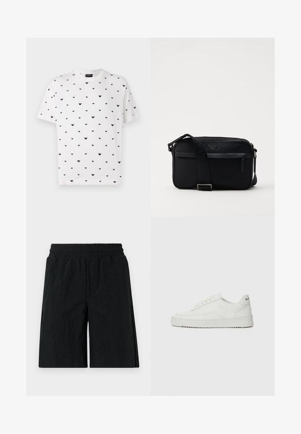 Bijela majica s kratkim rukavima, na kojoj se nalazi ponovljeni crni V-oblikovani uzorak, napravljena od mekanog pamuka, s opuštenim krojem i okruglim izrezom.; Crne hlače do koljena s elastičnom trakom u struku, izrađene od teksturiranog materijala, s bočnim džepovima.; Bijele kožne tenisice s glatkom površinom, okruglim vrhom, ravnim vezicama i teksturiranom potplatom. Imaju suptilan logo na peti.; Crna najlonska torba za rame s kontrastnom trakom, elegantnog pravokutnog oblika, detaljem s logotipom i džepom sa zatvaračem na prednjoj strani.