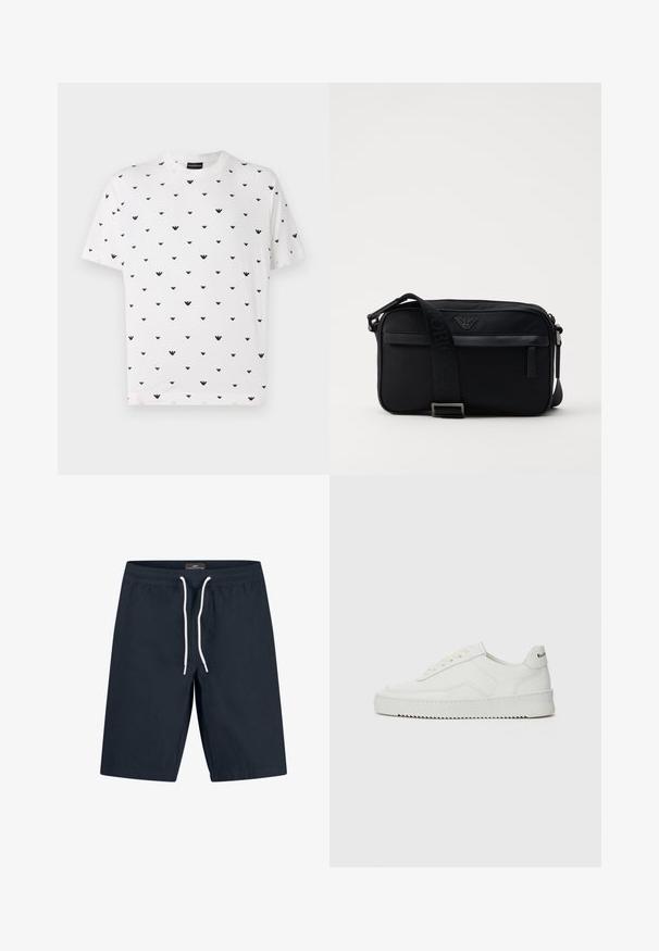 White short-sleeve t-shirt featuring a repeated black V-shaped pattern, made of soft cotton with a relaxed fit and round neckline.; Navy blue swim shorts made of lightweight material, featuring an elastic waistband with a white drawstring and a straight cut design.; White leather sneaker with a smooth finish, round toe, flat laces, and a textured sole. Features a subtle logo on the heel.; Black nylon shoulder bag featuring a contrasting strap, sleek rectangular shape, logo detail, and a zipper pocket on the front.