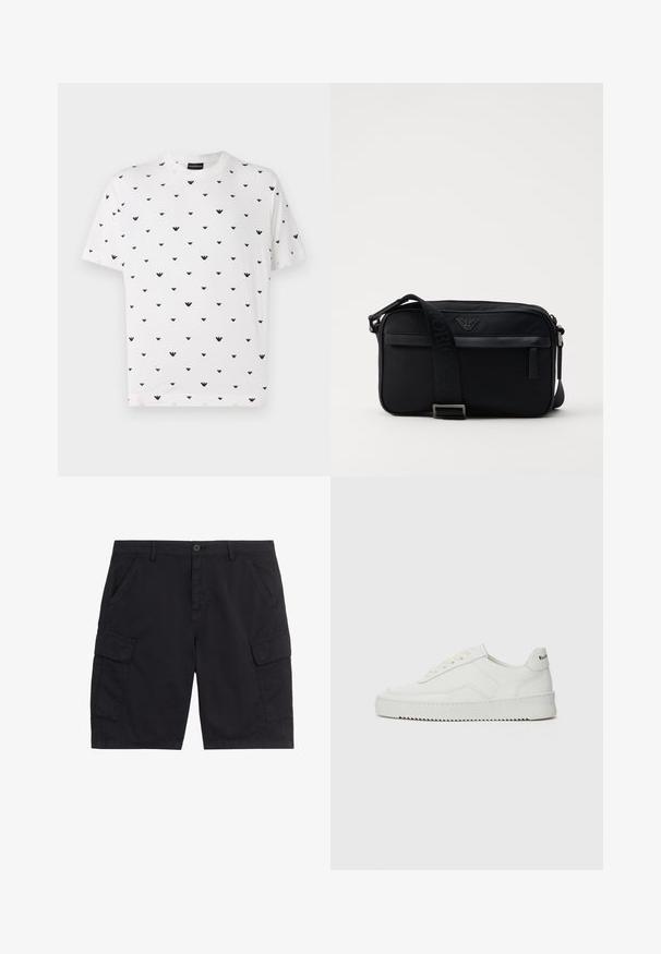 Biała koszulka z krótkim rękawem z powtarzanym czarnym wzorem w kształcie V, wykonana z miękkiej bawełny, o luźnym kroju i okrągłym dekolcie.; Czarne szorty cargo z przednim guzikiem i zamkiem błyskawicznym, dwoma bocznymi kieszeniami, dwoma kieszeniami cargo z klapkami oraz szlufkami na pasek.; Białe skórzane sneakersy o gładkim wykończeniu, okrągłym nosku, płaskich sznurówkach i teksturowanej podeszwie. Charakteryzują się delikatnym logo na pięcie.; Czarna nylonowa torba na ramię z kontrastowym paskiem, eleganckim prostokątnym kształtem, detalem logo oraz kieszenią na suwak z przodu.