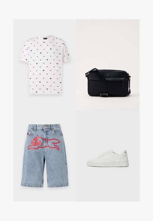 Bílá krátká rukávová tričko s opakujícím se černým V-šikmým vzorem, vyrobená z měkké bavlny, s volným střihem a kulatým výstřihem.; Světlé modré džíny šortky s volným střihem, na zadní straně s velkým červeným potiskem běžícího zvířete. Design s pěti kapsami a zapínáním na knoflík.; Bílé kožené tenisky s hladkým povrchem, kulatou špičkou, plochými tkaničkami a texturovanou podrážkou. Na patě se nachází nenápadné logo.; Černá nylonová taška přes rameno s kontrastním popruhem, elegantním obdélníkovým tvarem, logem a zipovou kapsou na přední straně.
