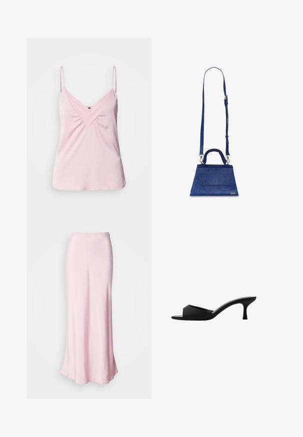 Haut sans manches rose clair avec un col en V et un détail froncé à l'avant. Fabriqué en tissu lisse avec des bretelles fines et un ourlet arrondi.; Jupe maxi en satin rose avec une texture lisse, une taille cintrée et un léger évasement à l'ourlet, présentant un petit détail décoratif de boutonnage.; Mules noires à talons avec un large bout ouvert et un dessus incurvé. Fabriqués en tissu texturé, avec un talon mince et une semelle lisse.; Sac à main en simili cuir bleu de forme triangulaire, avec une poignée supérieure et une bandoulière réglable. Il présente une texture lisse et un détail de rabat à l'avant.