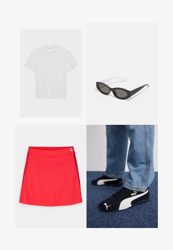 Balts kokvilnas T-krekls ar īsām piedurknēm, apaļu kakla izgriezumu un brīvu piegriezumu. Gluda tekstūra un nav redzamu rakstu vai akcentu.; Sarkans sporta svārki, kas izgatavoti no gludas, elastīgas auduma. Tam ir pieguļošs josta un sānu šuves, ar mazu logo uz jostas.; Melnas zamšādas sporta apavi ar baltām akcentiem, ar zelta logo. Valkāti ar gaiši zilām džinsām un novietoti uz teksturētas zilas virsmas.; Melnas ovālas saulesbrilles ar gludu apdari un biezām rāmjiem; baltas tempļi pakāpeniski sašaurinās, ar tumši tonētiem objektiem.
