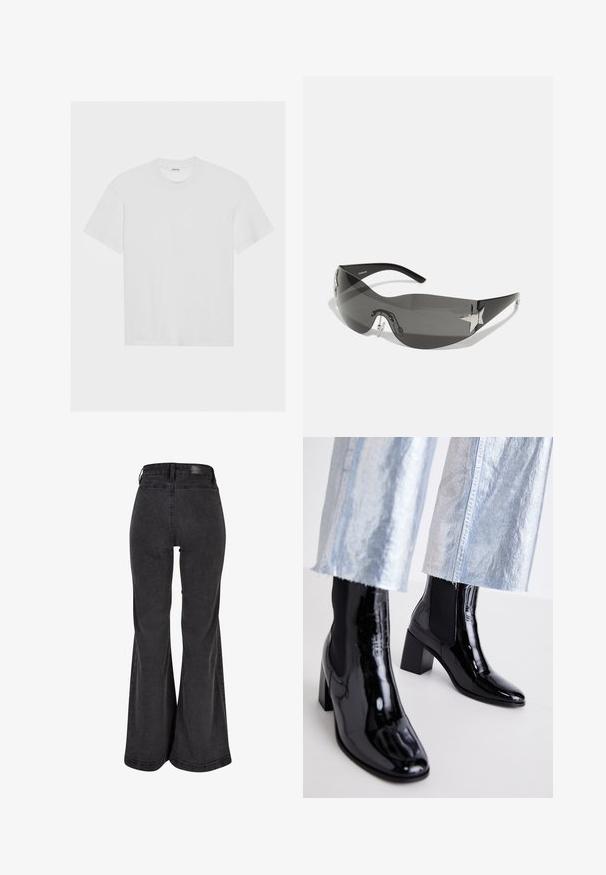 Biała bawełniana koszulka z krótkim rękawem, okrągłym dekoltem i luźnym krojem. Gładka tekstura i brak widocznych wzorów lub akcentów.; Czarne dżinsy w stylu dzwonów o gładkiej powierzchni, z wysokim stanem i metką marki z tyłu. Posiadają szerokie nogawki oraz wzmocnione szwy.; RAID ILLEANA czarny; Czarne okulary przeciwsłoneczne o owocowym kształcie, ciemne soczewki, błyszczące akcenty w kształcie gwiazdy i regulowane noski.; Czarna skórzana torba na ramię o gładkiej fakturze, zaokrąglonym wierzchu i pojedynczym pasku. Posiada zamek błyskawiczny i minimalistyczny design.